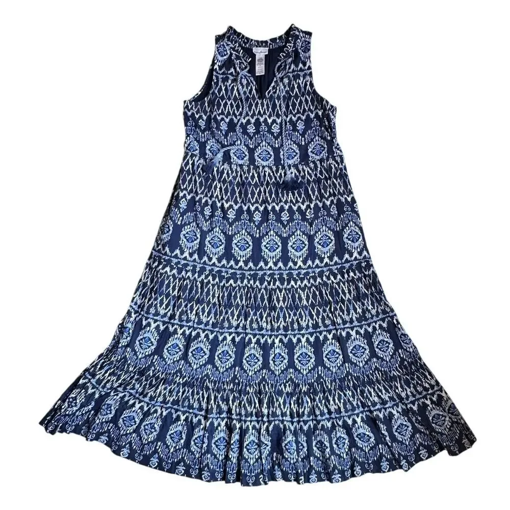 Tommy Bahama Cotton Blue Ikat Tassel Tie Sleeveless Dress Boho Coastal Ruffle S - Picture 2 of 9